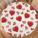 Valentines Day Round Tablecloth Fitted Best for 40"-44" Beige Red Heart Table Cloth Vintage Elastic Edge Water-Resistant Washable Love Decoration Table Cover for Party Picnic Indoor Decor