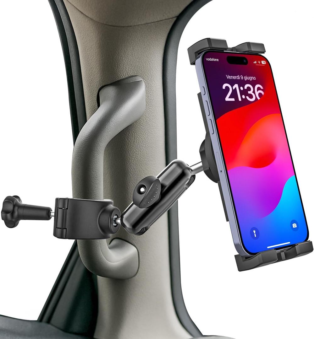 GDZN Car/Truck A Pillar Grab Handle Phone Mount, [Metal Arm] Grab Handle Phone Holder for Truck, Pickup, SUV, Van, Tractor, Forklift, for iPhone 17 Pro Max/16/15, Galaxy S25, Z Fold 7, 4.7-8" Phones