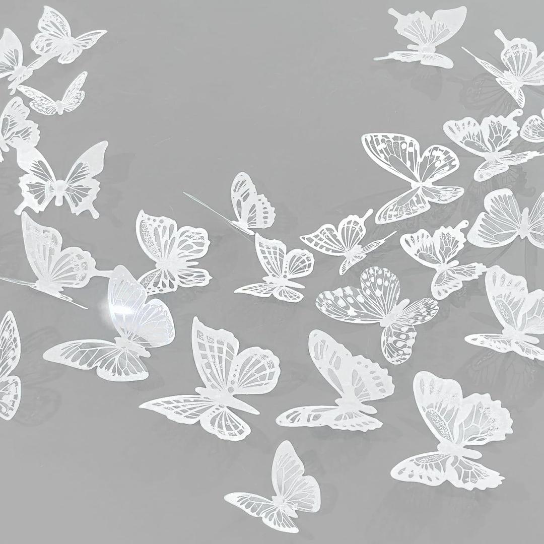 Ewong 3D Butterfly Wall Decor 72Pcs, 10 Styles Black White PVC Butterfly Theme Decoration Birthday Party Cake Wall Decal Removable Home Room Bedroom Bathroom Art Sticker Murals (White)