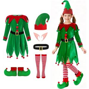 Christmas Elf Costume Kids - Girls Elf Dress Santa Helper Costume Xmas Holiday Outfit (5-7 Years)
