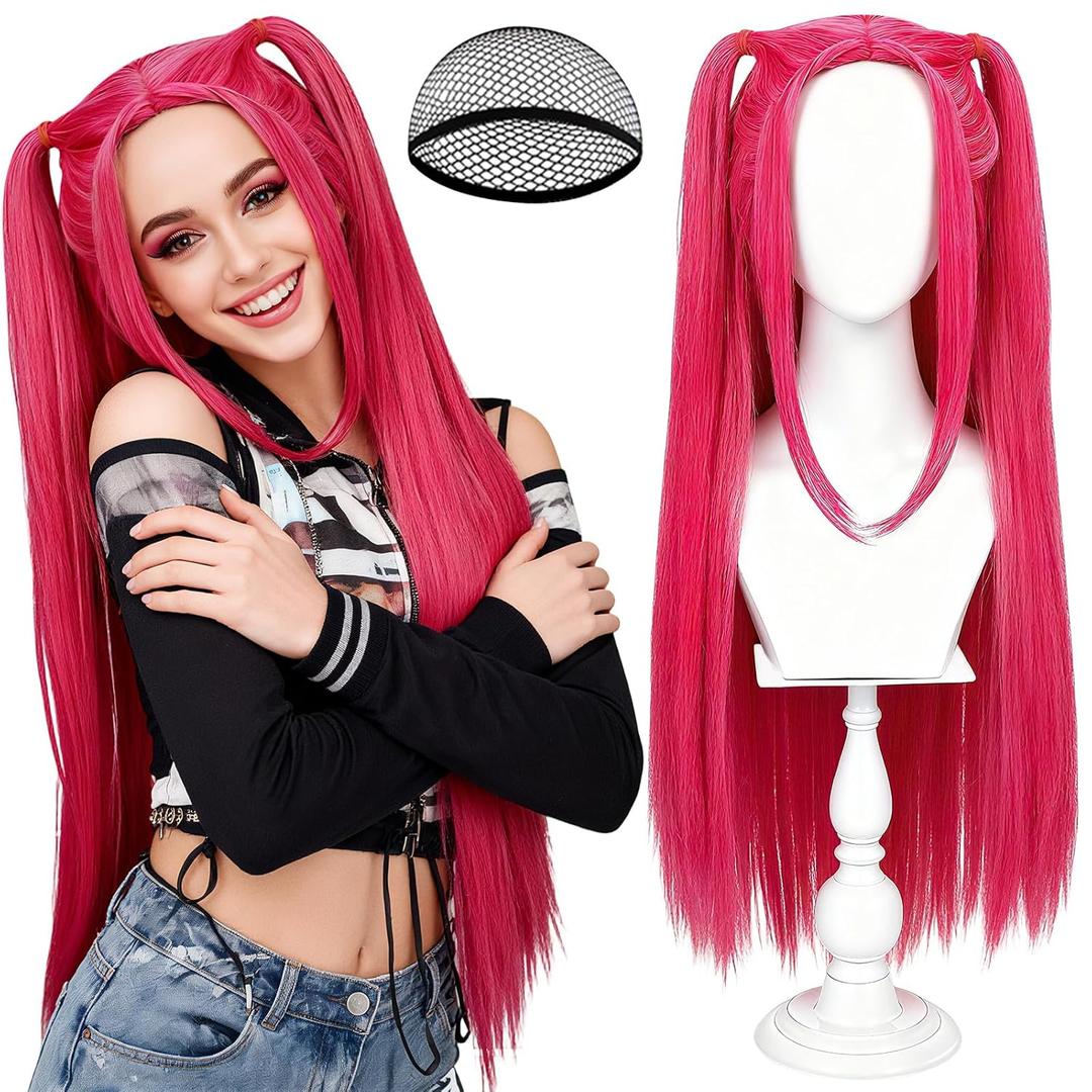 Long Hot Pink Cosplay Wig with Two Ponytails, Straight Synthetic Hair Wig with Bangs for Adults Women, Halloween Costume Hair with Dual Tails for Cosplay Party