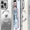 Magnetic Case iPhone 16 Pro Max Crystal Rhinestones Rectangular Bumper Glitter Love Heart Design [Compatible with MagSafe] Slim Silicone TPU Shockproof Clear Phone Case for Women Girls,Silver