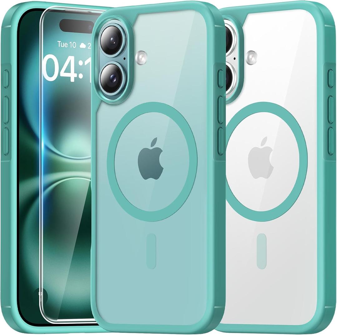 2 x TAURI for iPhone 16 Plus Case with Screen Protectors, Compatible with MagSafe [Not-Yellowing], Military-Grade Protection, Slim Magnetic Case for 16 Plus, Green
