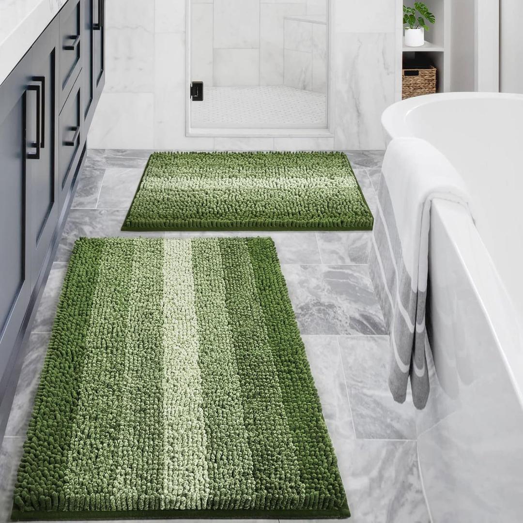 Gibelle Green Bathroom Rug Set 2 Piece, Chenille Non Slip Bath Mat Set, Absorbent Shower Rug and Bath Room Floor Mats, Quick Dry Bathmat Bathroom Decor Accessories for Tub, 16" x 24", 20" x 32"