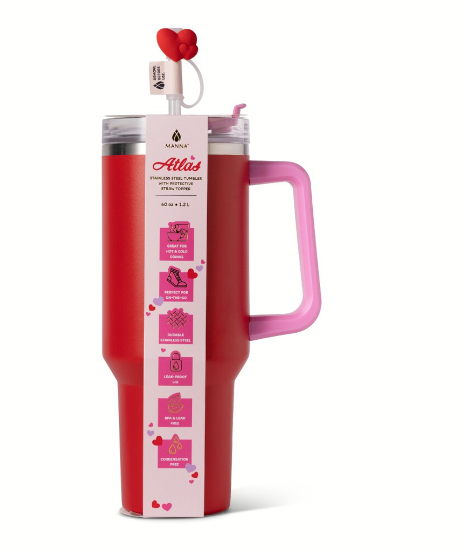 Manna Atlas 40 Oz Stainless Steel Tumbler With Handle And Heart Straw Topper – Leak-Proof, BPA-Free, Hot And Cold Drink Travel Mug