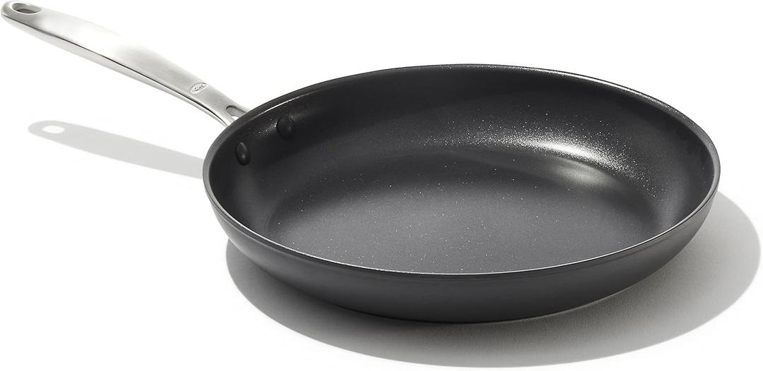 OXO 12” Nonstick Frying Pan Skillet, Enhanced PFAS-Free Ceramic Nonstick, Durable Hard Anodized Cookware, Scratch Resistant, Good Grips, Easy Clean Dishwasher Safe, Oven Safe, Drip Free Pours, Black