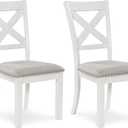 Signature Design by Ashley Robbinsdale Casual Upholstered Solid Wood Dining Chair with Nailhead Trim, Set of 2, White & Light Gray