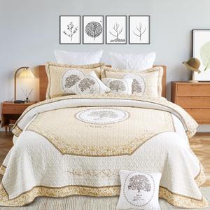 5PCS Tree of Life Quilt Set 100% Cotton Embroidery Bedspread Lightweight Coverlet Set with 2 Throw Pillow Covers for King Size Bed All Season Use, King - 5PCS
