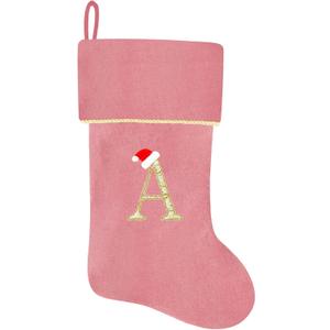 Subyan 20 Inches Initial Monogram Pink Christmas Stocking, Personalized Large Embroidered Letter Velvet Christmas Stocking with Gold Trim Decoration for Family Christmas Holiday Party Decor(Letter A)