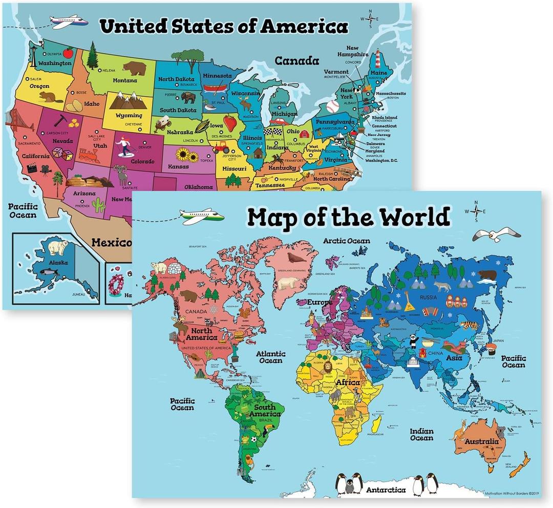 MWB Kids Map Poster Collection | United States & World Wall Maps for Kids | Poster 18H" x 24W" - not laminated | Countries, States, Capitals & Pictures | Classroom or Home