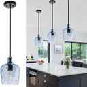 VINLUZ 3 Pack Industrial Metal Pendant Lighting, Black Finish Hanging Ceiling Kitchen Island Light Fixture with Blue Clear Glass for Dining Room Cafe Bar
