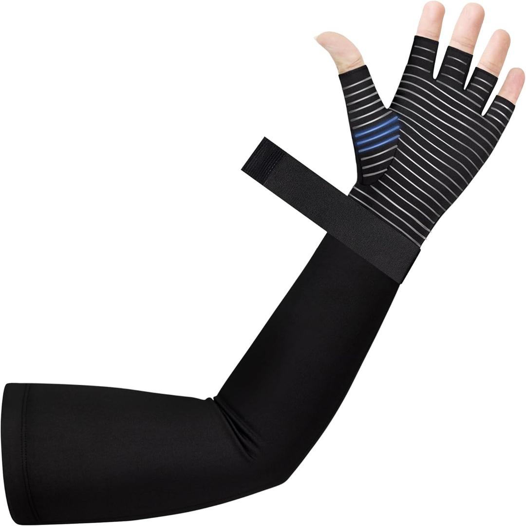 Copper Long Compression Arthritis Glove with Wrist Strap (1 Pcs), 20-30 mmHg Lymphedema Compression Arm Sleeve with Gauntlet, Fingerless Graded Pressure Full Arm and Hand Support for Men Women Left Large