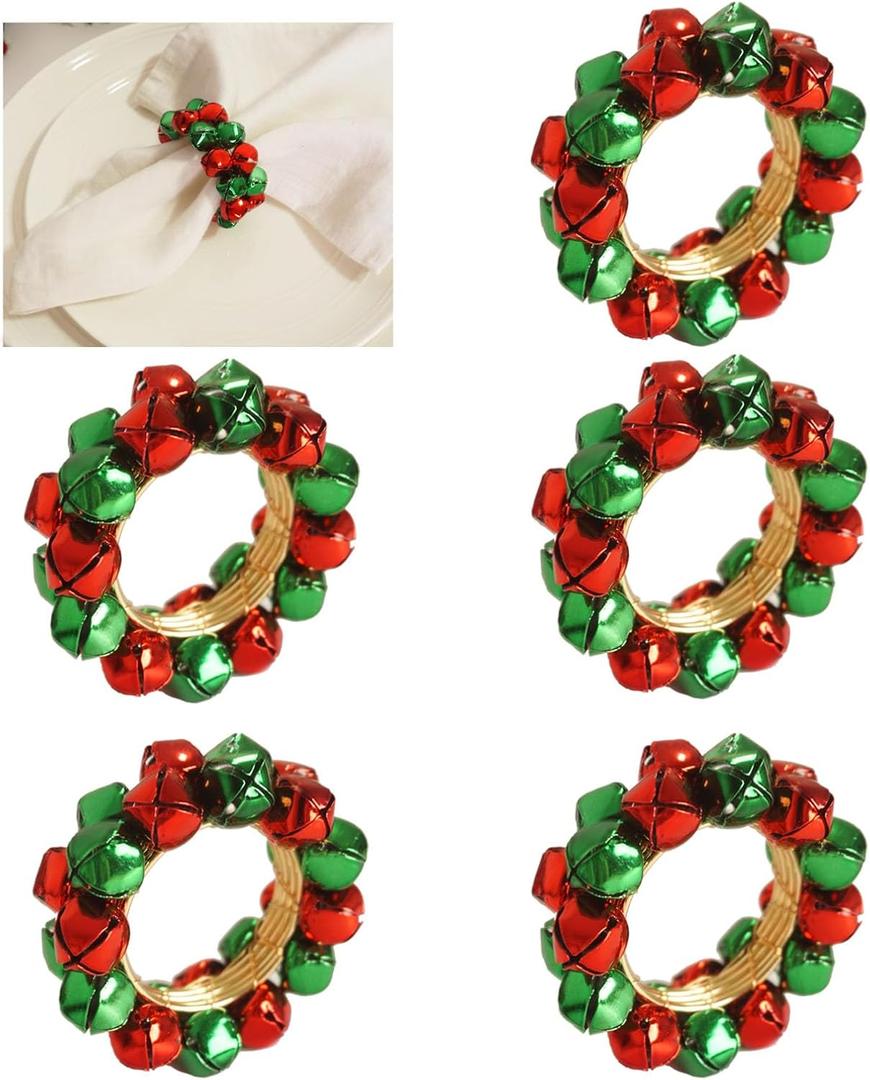 Utalek Christmas Napkin Rings Set of 6 Jingle Bell Napkin Rings Holders Red and Green Xmas Serviette Buckle Holder for Christmas, Dinner, Parties, Holiday Dining Table Decor