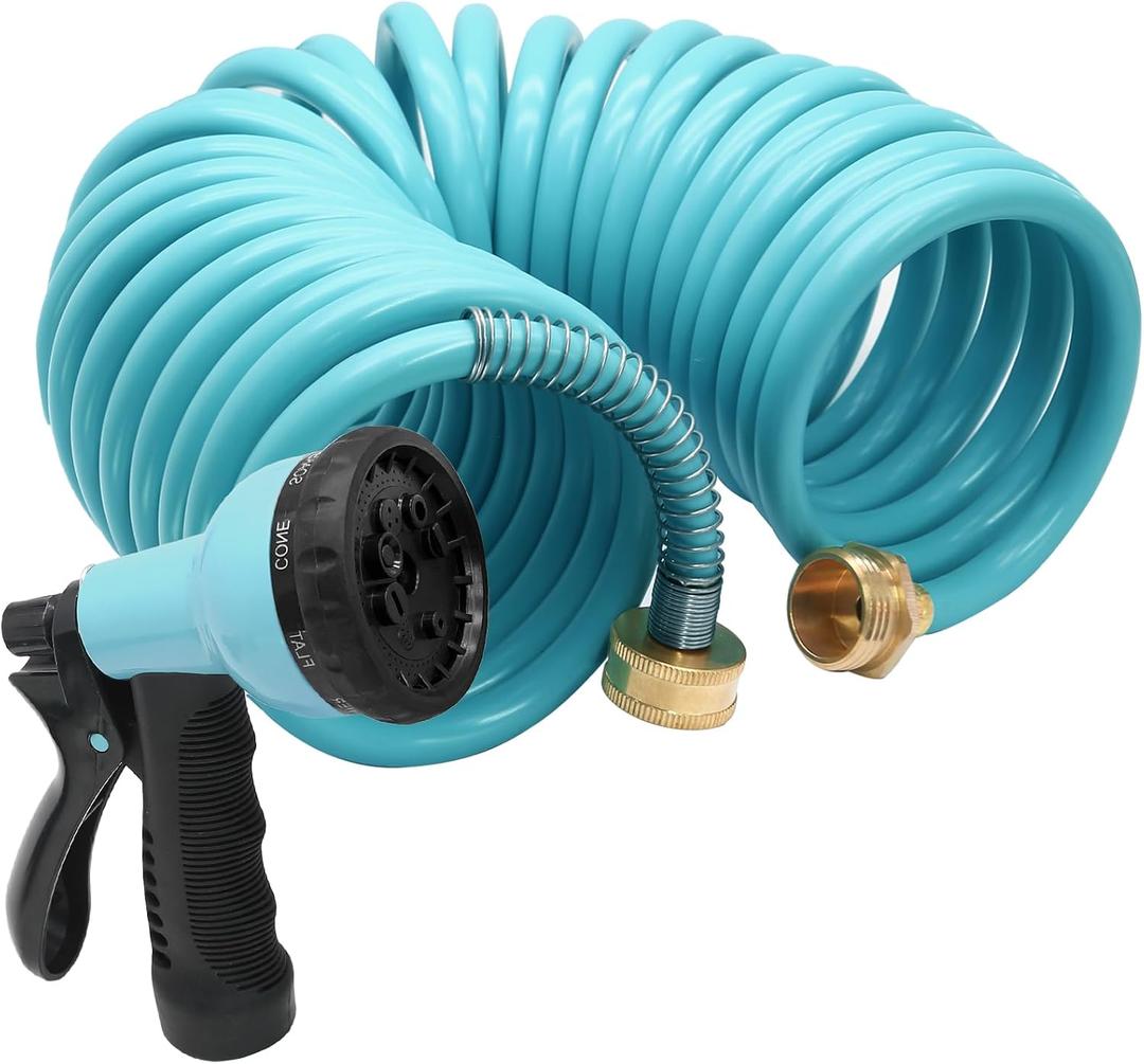 25ft EVA Garden Hose, Curly Water Hose Coil Corrosion Resistant Garden Coil, Includes 7-Pattern Function Sprayer, Retractable for Outdoors Lawn Car Washing