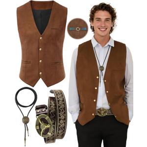 Cowboy Outfit for Men, Western Cowboy Costume Vest for Men, Cowboy Vest with Western Belt Necktie for Halloween (Large, Brown)
