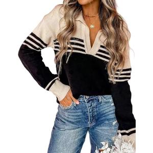 CiCiBird Women Fall V Neck Sweater Color Block Polo Long Sleeve Shirt Casual Loose Striped Pullover Sweaters Apricot Black XL