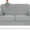 ZNSAYOTX 3 Piece Stretch Loveseat Covers (55"-69"), Thick Striped Sofa Covers for 2 Cushion Couch with Elastic Band Bottom Ties Non-Slip Stay in Place, Soft Durable Love Seat Slipcovers, Light Grey