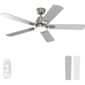 warmiplanet 52 Inch Indoor Ceiling Fans with Lights and Remote Control, 6 Speeds Slient Reversible DC Motor, 3 Color Dimmable LED Light, Timer, Brushed Nickel, 5 Blades