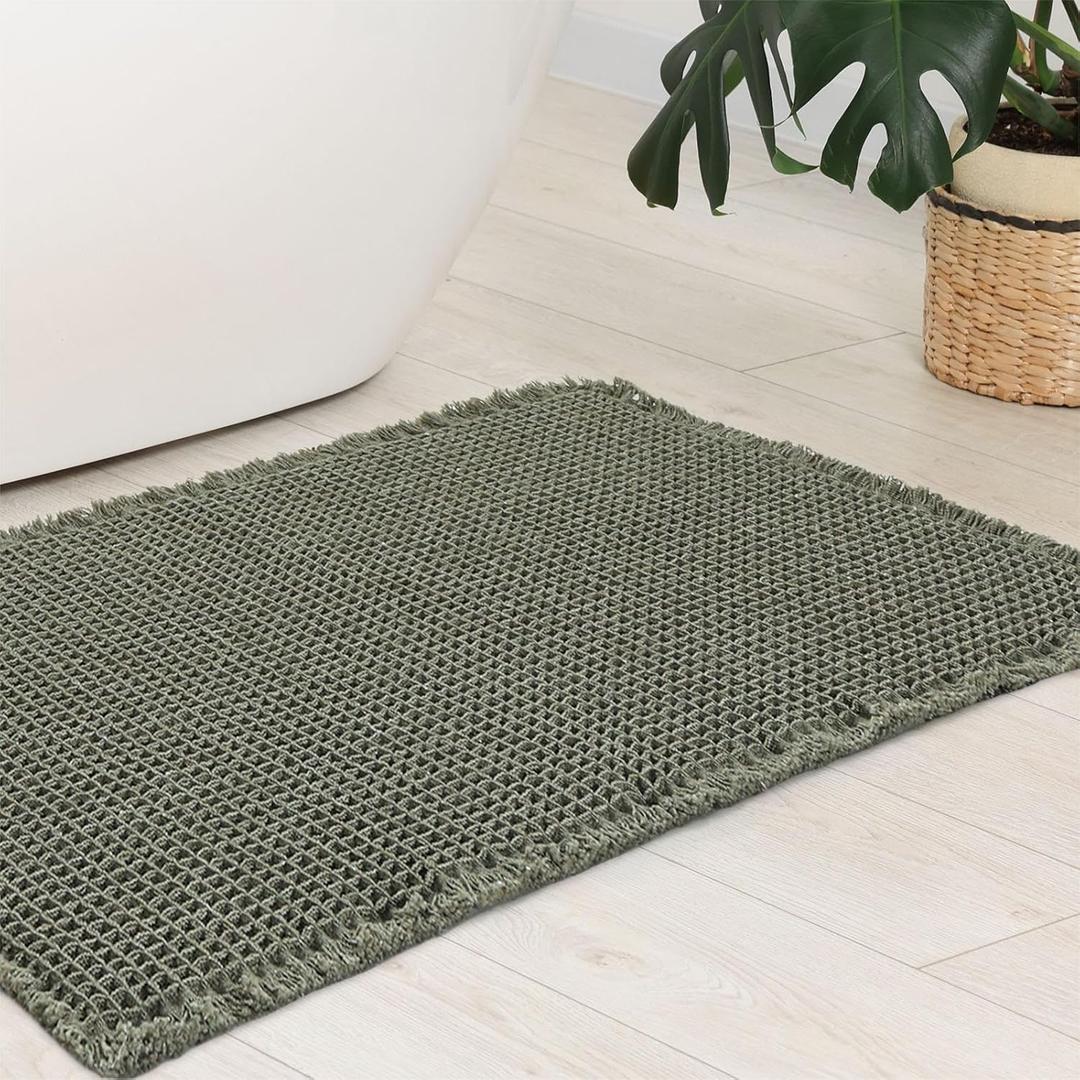 Anibedding Green Waffle Bath Rugs 24"x36"Washable Non Slip Quick Dry Bathroom Floor Super Absorbent Machine Washable Long Bathroom Rugs