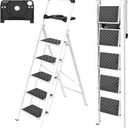 HBTower Step Ladder, Step Ladder Folding Step Stool, Portable Sturdy Steel Ladder Stool for Adults with Wide Pedals Home Outdoor Kitchen, White