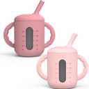 Seposeve 2 Pack Silicone Sippy Cups, Leak-Proof Baby Straw Cup for 6-12 Months, Spill Proof Toddler Cup with Straw 1-3 Years, with Capacity Marking, Non-slip Handle, Flow Control, 6 oz, Purple Pink