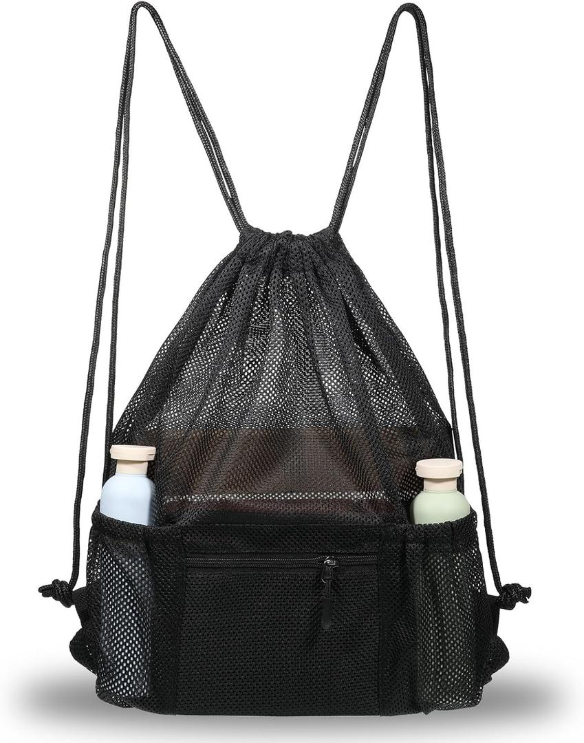 Mesh Drawstring Backpack Bag, Gym Sports Bags with Zipper Pocket, Large Mesh Drawstring Backpack, Swim Bag, Multifunction Bags for Beach, Swimming, Gym, Clothes, Travel (Black)
