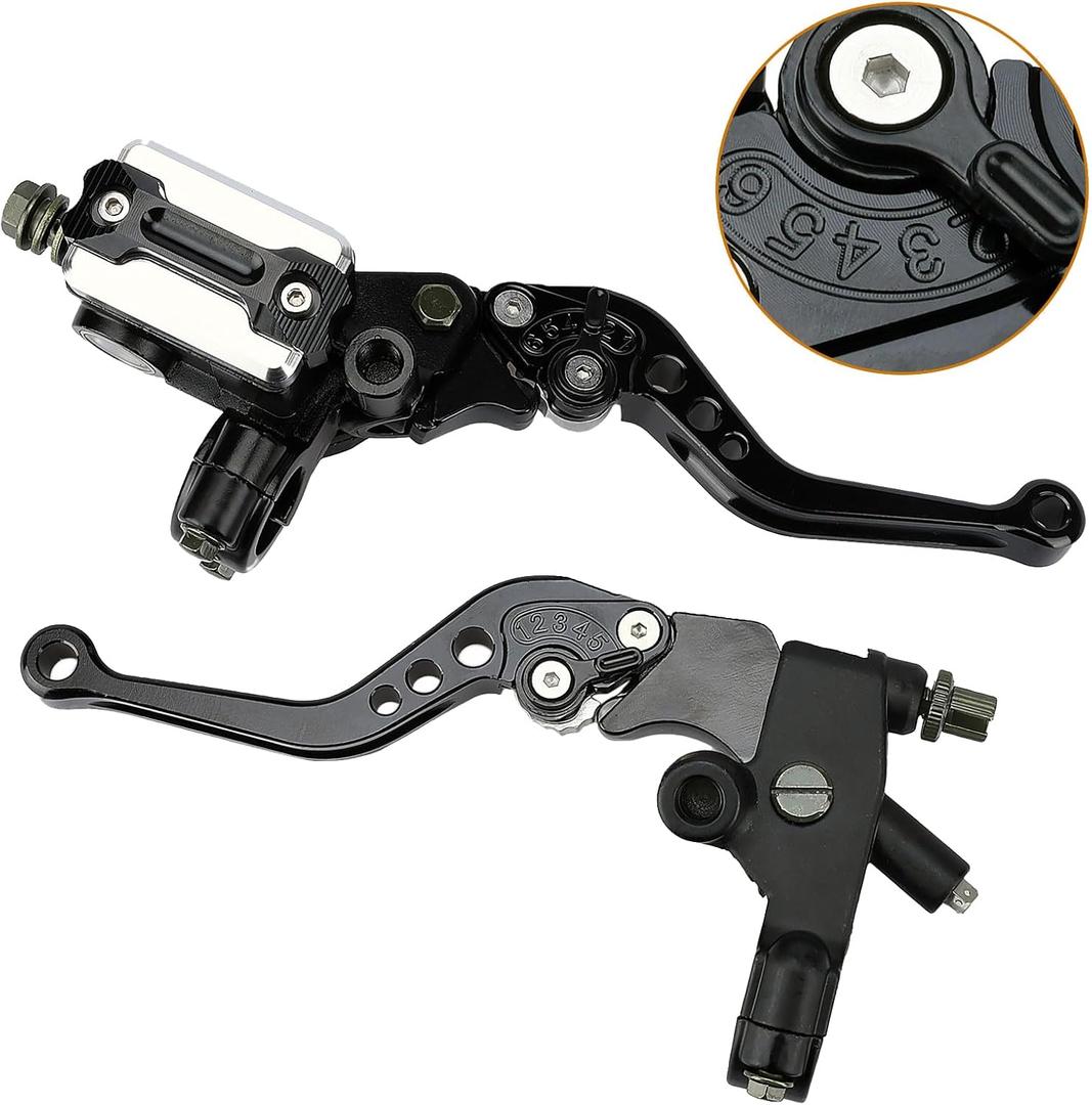 Universal Motorcycle 7/8" 22mm Handlebar Brake Master Cylinder Reservoir Adjustable Clutch and Brake Lever CNC Left & Right Set for Harley Honda Kawasaki Suzuki Yamaha (Black)