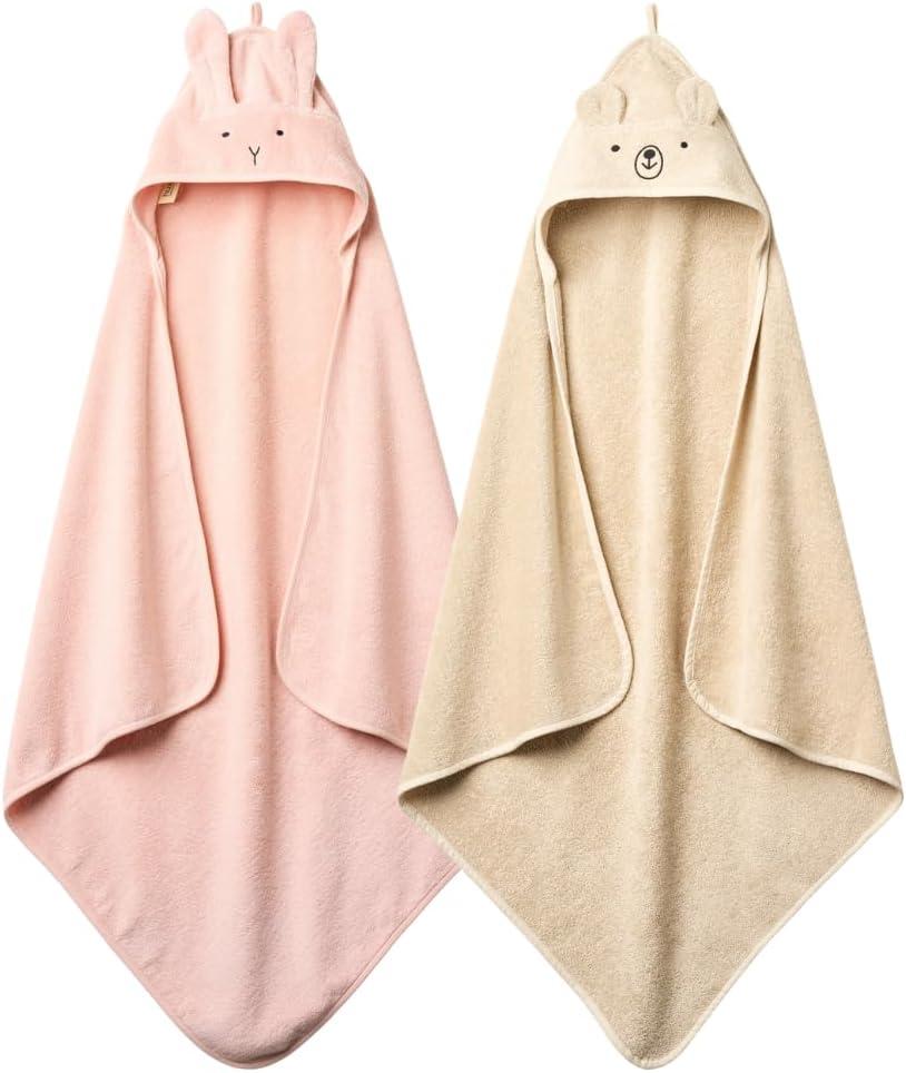 Huxie Baby Hooded Towel  Organic Cotton Baby Bath Towels, 32" x 32" Super-Soft and Absorbent Baby Towels for Newborn 2-Pack (Rabbit Blush/Bear Fog)