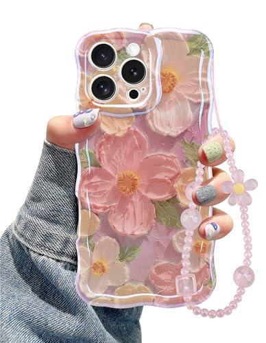 Jusy Oil Painting Flower Compatible with iPhone 12 Pro Case, with Bracelet Chain, Colorful Retro Floral Cute Curly Wave Frame Women Girls-Pink