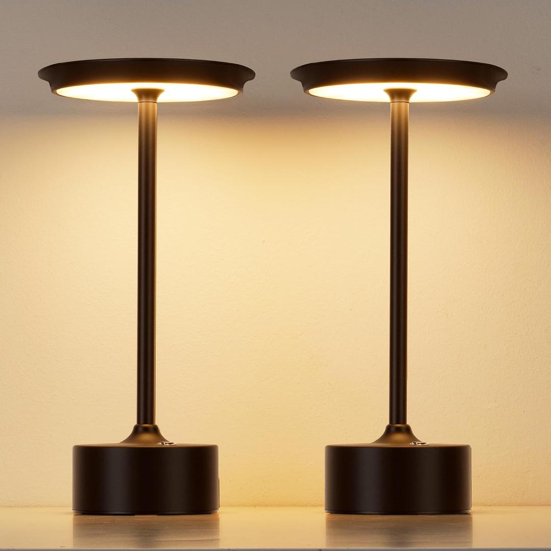 PUSU Rechargeable Table Lamps Set of 2, Black Cordless LED 4000mAh Battery Desk Lamp, Stepless Dimming & 3 Color 2700K-6000K, Portable Lamp for Bedroom, Living Room, Restaurant, Outdoor, Night Light