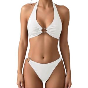 SOLY HUX Women's Halter Bikini Set V Neck Ring Linked Bathing Suit Summer Beach Two Piece Swimsuit (White, L)