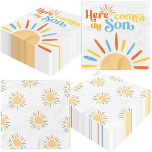 Here Comes The Son Baby Shower Decoration, 40pcs Disposable Retro Boho Sun Napkins Paper Little Ray Of Sunshine Baby Shower Napkins The Boho Sun Party Decorations for Boys Kids Birthday Supplies