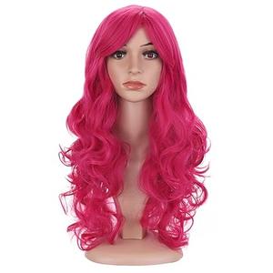 BERON Hot Pink Wig Long Wavy Rose Pink Wig with Bangs for Women Rose Red Wigs Synthetic Wigs with Cap