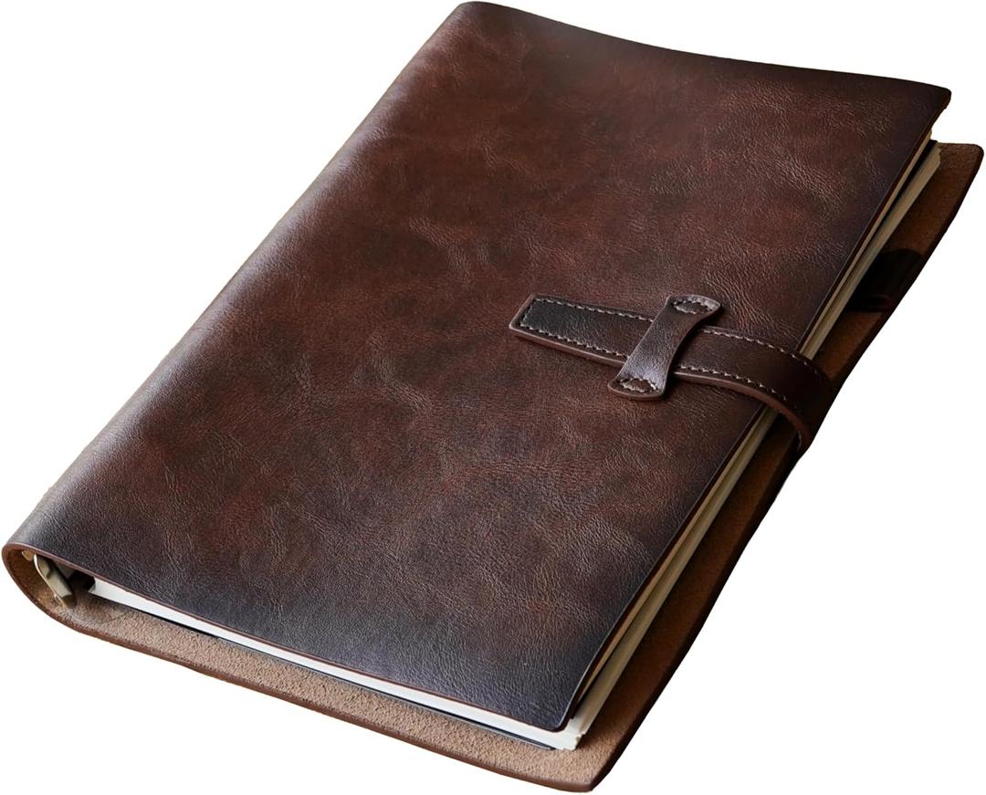 Refillable A5 Leather Binder Notebook, Reusable Leather Journal, Vintage Organizer with 6-Ring Metal Binder, 120 Pages Lined Paper & Pocket, for Writers Business Work Study College and Daily (Coffee Brown)