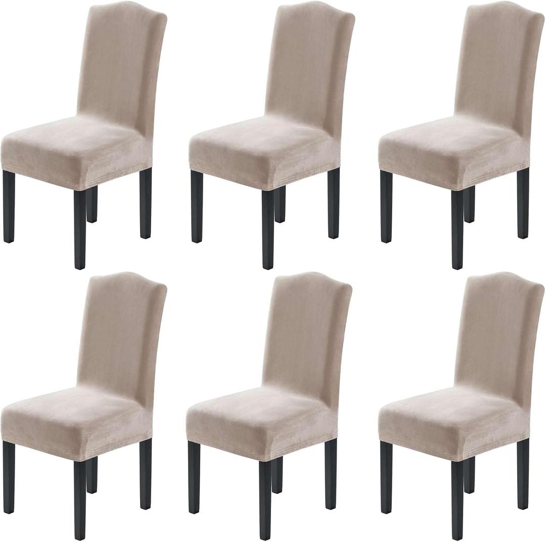 H.VERSAILTEX Velvet Dining Chair Covers Stretch Chair Covers for Dining Room Set of 6 Parson Chair Slipcovers Chair Protectors Covers Dining, Soft Thick Solid Velvet Fabric Washable, Oatmeal