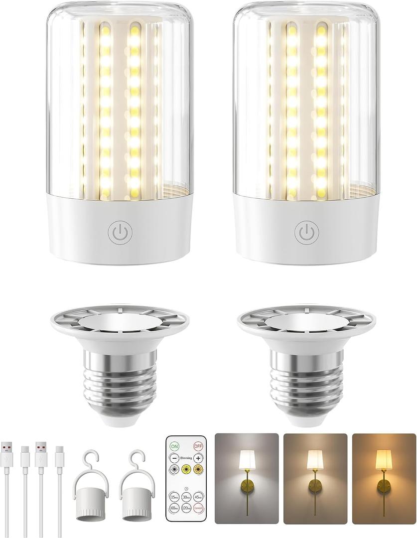 EZVALO E26 Rechargeable Light Bulb with Remote and Timer, Battery Backup Bulb for Sconces and Lamps, Magnetic Bulbs for Non-Hardwired Fixture, 3 Color Temperatures,Timer, Dimmable, 4000mAh, 2 Pack