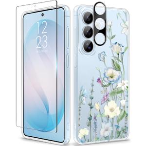 GVIEWIN for Samsung Galaxy S26 Plus Case, Clear Floral Slim Shockproof Protective Women Phone Case, Non-Yellowing, with Screen Protector&Camera Lens Protector for S26 Plus 6.7", Aquilegia/White