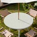 Round Outdoor Tablecloth with Zipper and Umbrella Hole, Fitted Table Cloth with Elastic, Oil Waterproof Tablecover for Patio Picnic Camping Garden Fits 61"-65" Round Table, Green Stripes