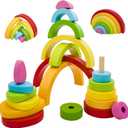 MEGRANATE Montessori Wooden Rainbow Stacking Toys for Baby Grimms Wood Building Blocks Nesting Puzzle Toy Colorful Stacker Arch Game Sensory Educational Learning Toys for 3+ Year Old Toddler