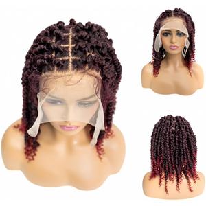 PIB 12'' Single Full Lace Wig Spring Twist Square Parted Knotless Braided Wigs for Black Women Synthetic Lace with Natural Baby Hair (#1B118 Off Black and Burgundy, 12")