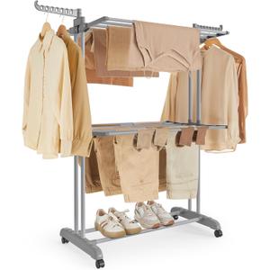Household Essentials 4 Tier Stainless Steel Laundry Drying Rack with Two Side Wings, Grey