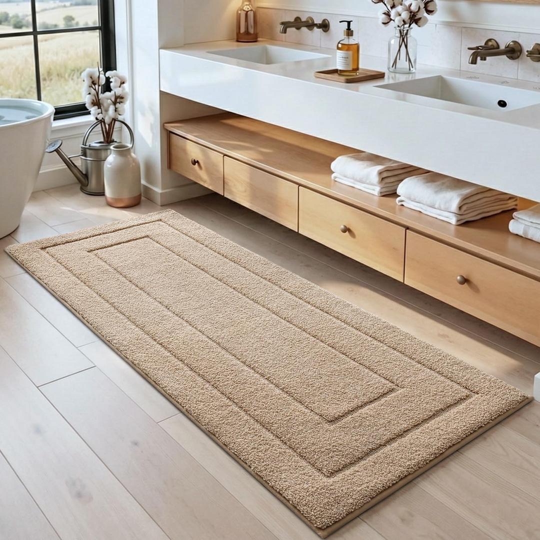 DEXI Bathroom Rug 72x24, Non Slip Washable Bath Mat Runner for Shower Floor, Extra Long Absorbent Soft Bathmat with Rubber Backing, Quick Dry Microfiber Carpet, Beige