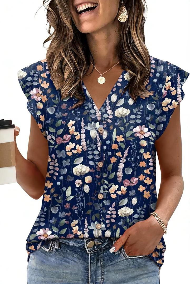 XIEERDUO Womens Tops Ruffle Sleeve Tunic Top Ladies Tops and Blouses Spring Clothes Tunic Tops for Women Business Casual (Blue, L)