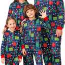VNVNE Matching Christmas Onesie Pajamas for Women/Men/Couples/Family, Xmas Holiday Long Sleeve One-Piece Adults Pjs Sleepwear (Blue)