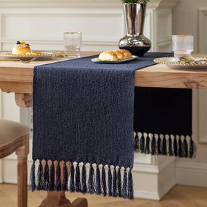 ZeeMart Navy Table Runners 90 Inches Long, Burlap Linen Style Rustic Farmhouse Table Runner, Long Boho Dining Table Runner, 13x90 Inches, Navy