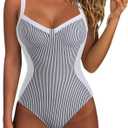 SUUKSESS Womens Tummy Control One Piece Swimsuit Sexy Crisscross Back Bathing Suit (Large, White Black Striped)