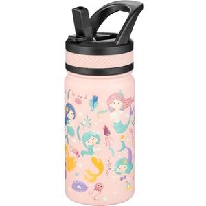 Fanhaw 14 Oz Kids Insulated Water Bottle with Straw - Stainless Steel Double Wall Vacuum Cup, Leakproof, BPA Free, Suitable for Boys and Girls(Pink - Sweat Mermaids)