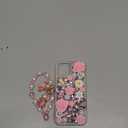 for iPhone 15 Glitter Bling Case, Cute Luxury 3D Crystal Rhinestone Diamond Sparkle Shiny Gems Flower Pearl with Lanyard Wrist Strap Women Girls Protective Case for iPhone 15 6.1 inch (Pink)