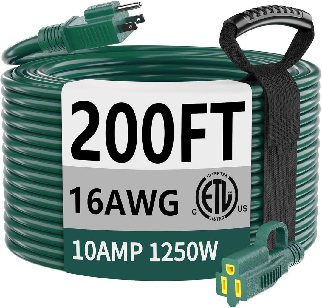 HUANCHAIN Indoor Outdoor Green Extension Cord 200 ft Waterproof, 16/3 Gauge Flexible Cold-Resistant Appliance Extension Cord Outside, 10A 1250W 16AWG SJTW, 3 Prong Electric Cable, ETL