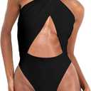 HYPERFIRE Women's Sexy Halter Criss Cross Swimsuit Cut Out One Piece Bathing Suit High Cut Swimwear (Large, Black)